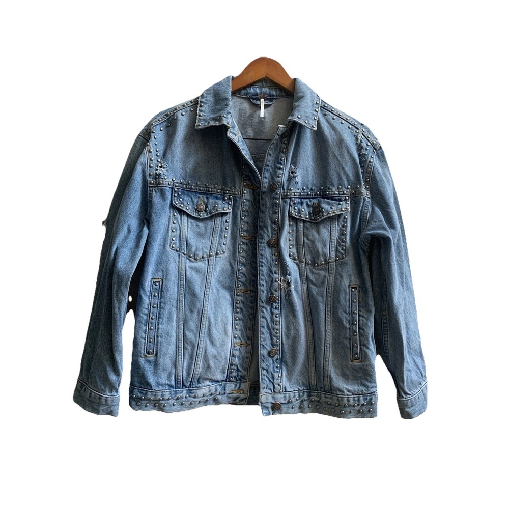 Free‎ People Studded Distressed Ripped Denim Trucker Jacket. SZ- XS